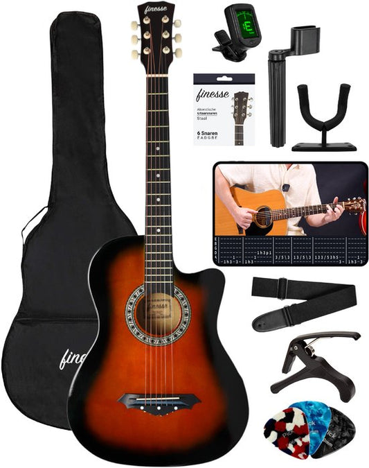 Finesse Acoustic Guitar - with Video Course - Western Guitar - Guitare enfant et adulte - Sunburst