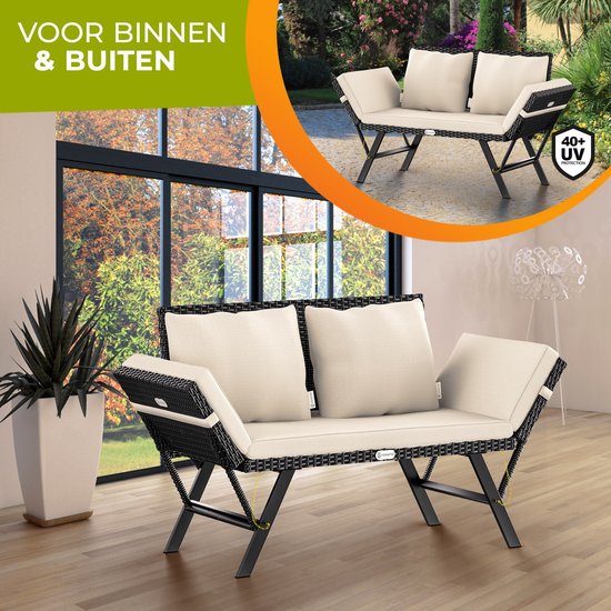 Banc de jardin Casaria Polyrattan - 176 cm réglable avec coussins - Noir