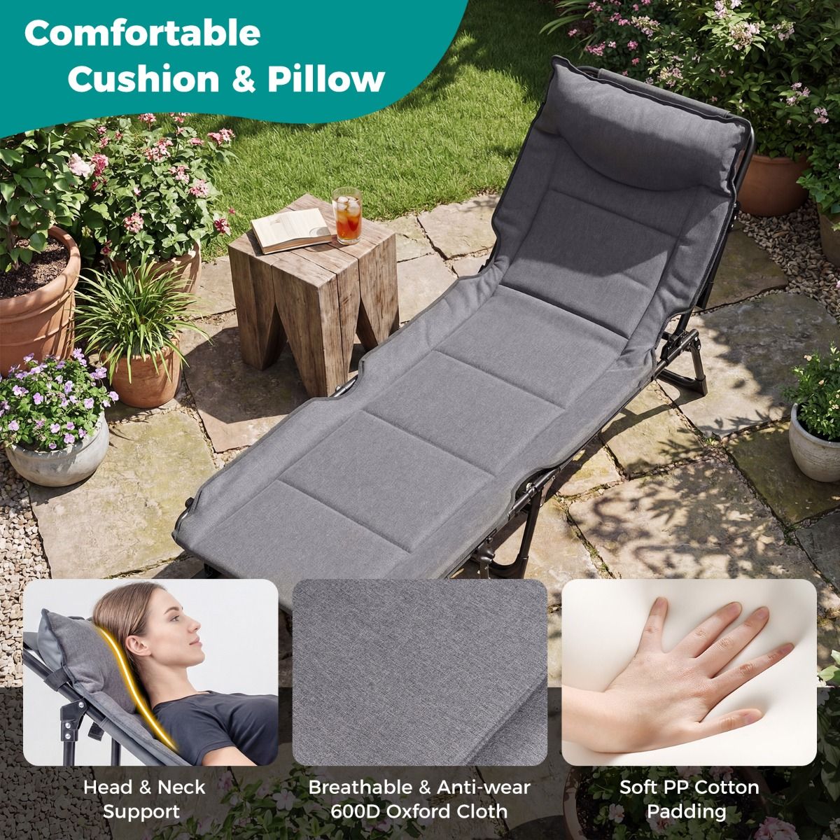 Lit de camping pliable Coast 3-en-1 - dossier réglable - appui-tête - gris et noir
