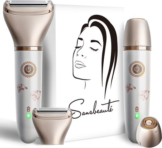 Rasoir féminin 2 en 1 + 2 têtes de rasage supplémentaires - Visage - Aisselles - Jambes - Maillot - Rasoir Femme - Epilateur électrique - Epilateur Femme - Tondeuse Femme - Zone intime Poils pubiens - Rasoir Féminin Bikini