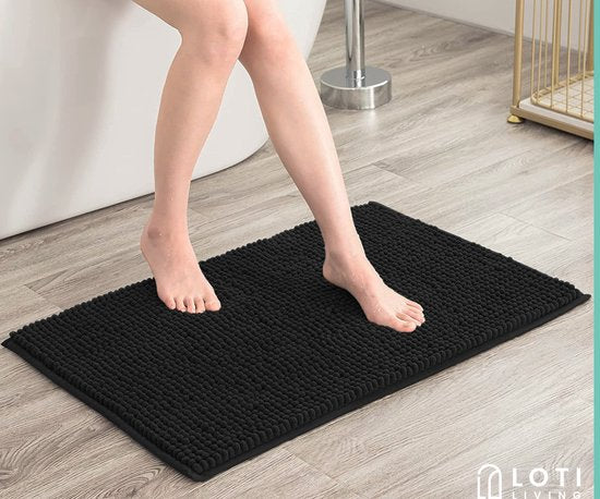 Loti Living Tapis de bain antidérapant - Tapis de douche - Tapis de salle de bain - Tapis de sol - Tapis de bain en chenille - Noir - 50x80 cm