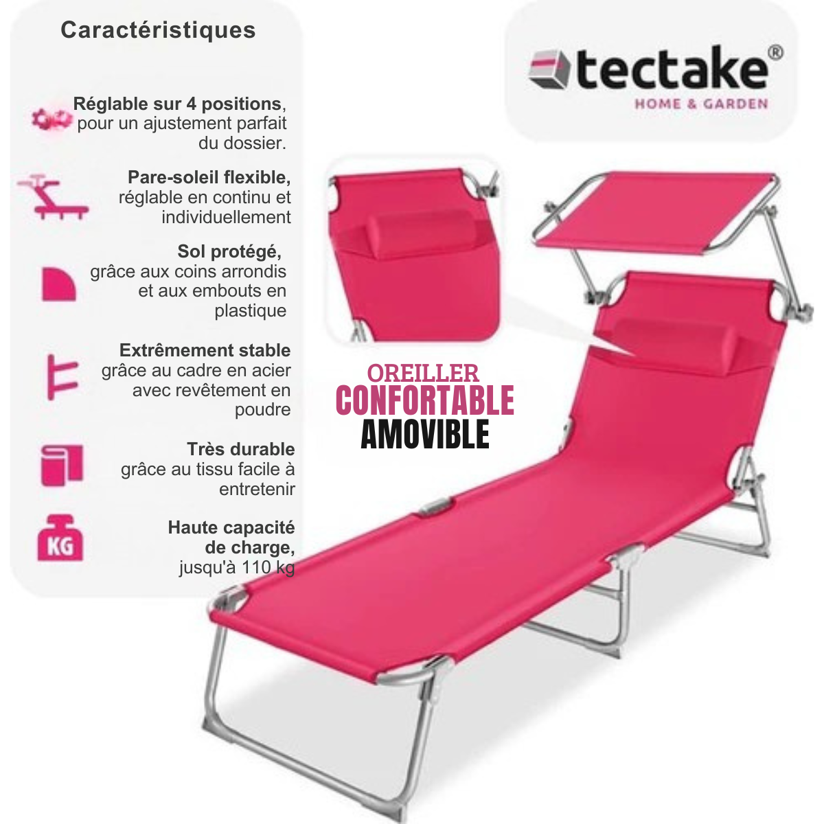 Chaise longue - Tectake® -  Réglable -  structure en acier avec parasol - dossier à 4 positions avec coussin - chaise de plage, jardin, piscine, camping - Rose - 68 x 190 x 28 cm