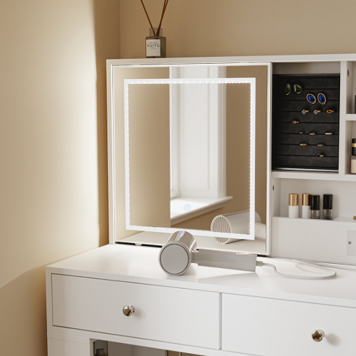 Bureau SoBuy avec miroir LED 120 x 40 x 127 cm - Blanc - 5 tiroirs - 1 porte