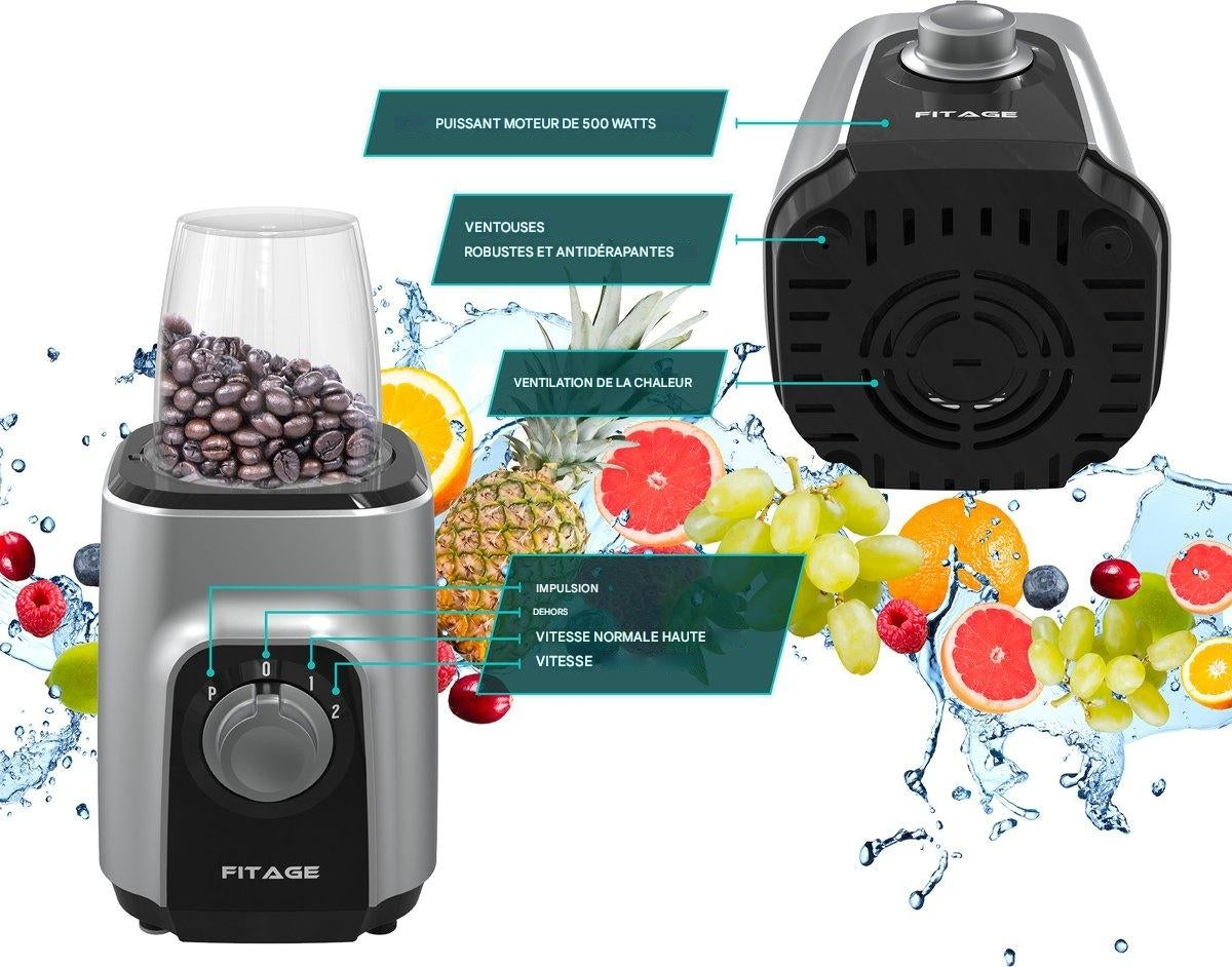 Blender FITAGE, Mélangeur à Smoothie, 500w, 2x 650ml