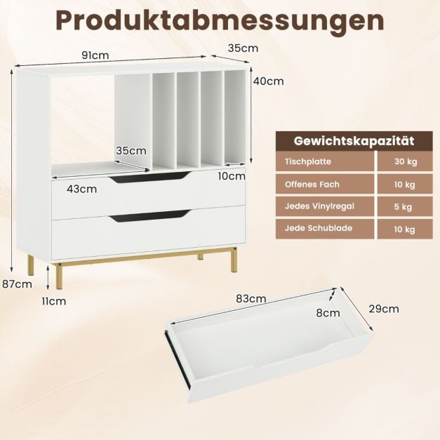 Coast Record Player Furniture White - Meuble rétro en vinyle avec 4 compartiments pour disques et 2 tiroirs - 91 x 36 x 87 cm