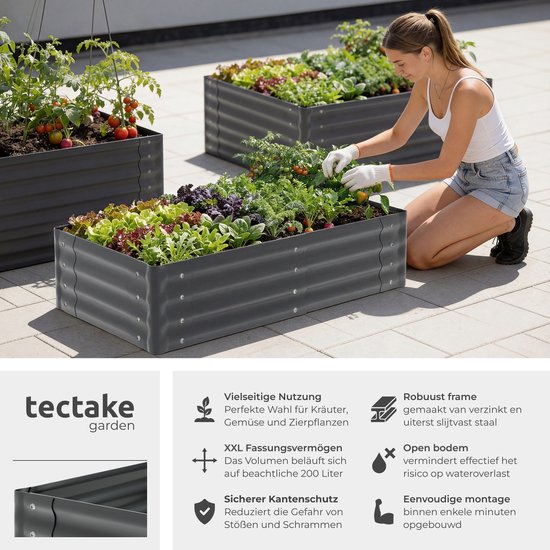Jardinière surélevée tectake® - 120 x 60 x 30 cm - 200 L - Jardinières d'extérieur - Bac de culture - Bac potager - Acier galvanisé - Fond ouvert - Jardin d'herbes aromatiques - Bac de jardin - Ergonomique