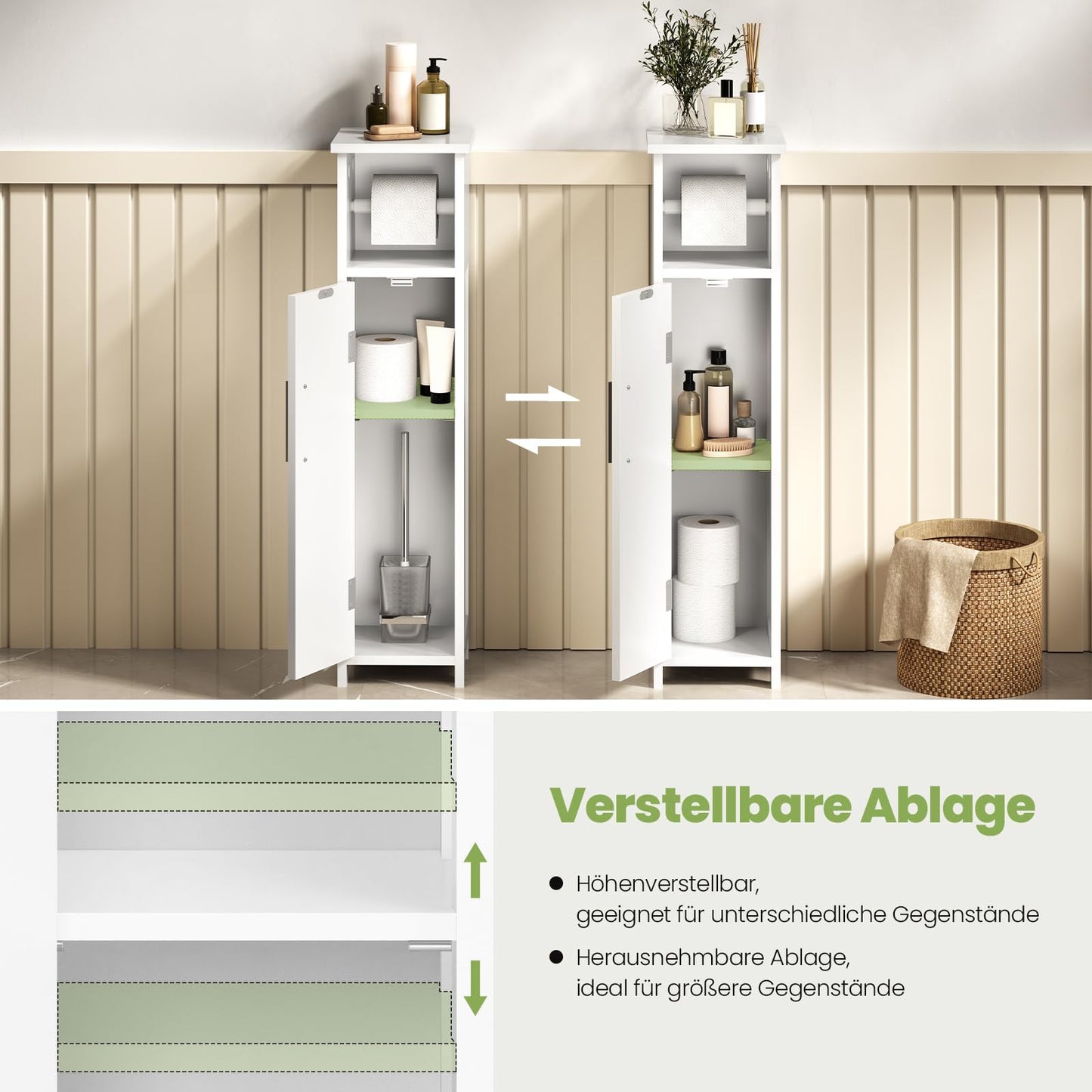 EUGAD 0229WY meuble de salle de bains pour WC - étroit, blanc - étagère réglable et porte-papier toilette