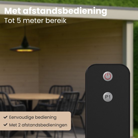 Auronic Terrace Heater - Chauffage infrarouge - Suspendu - 10m2 - Electrique - 1500W - Télécommande - Noir