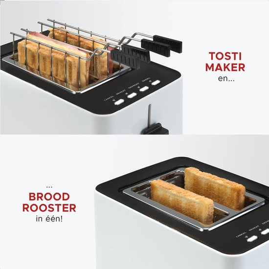 Grille-pain Bourgini Tosti avec fonction bagel - Grille-pain avec pinces à sandwich - Finition blanche mate - Fente extra-large pouvant accueillir 2 sandwichs