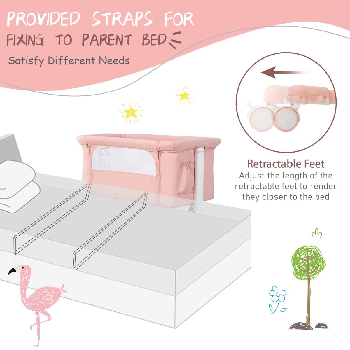 Berceau 3-en-1 Coast - 86x63x65-81 cm - Rose - Ajustable, inclinable et portable avec matelas, sac de rangement et sac de voyage