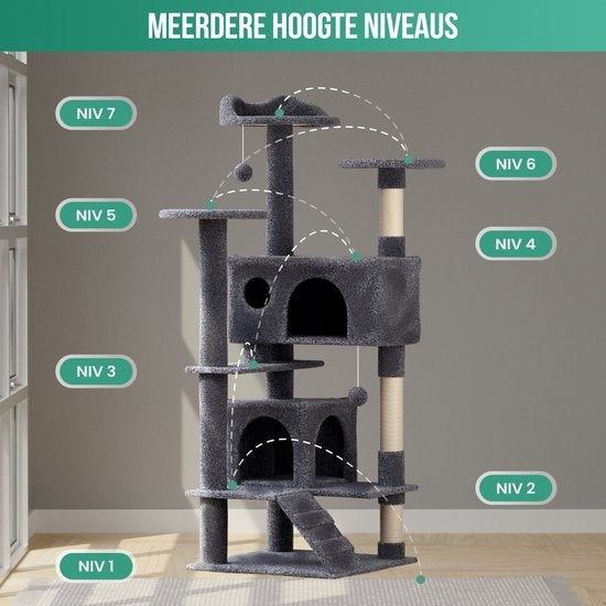 Avalo Griffoir pour chat à 7 niveaux - 137x50x50 CM - Gris foncé - Griffoir pour grands chats
