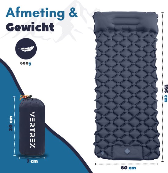 Vertrex Inflate-X1 Matelas de couchage avec pompe intégrée - Lit gonflable - 1 personne - Bleu marine