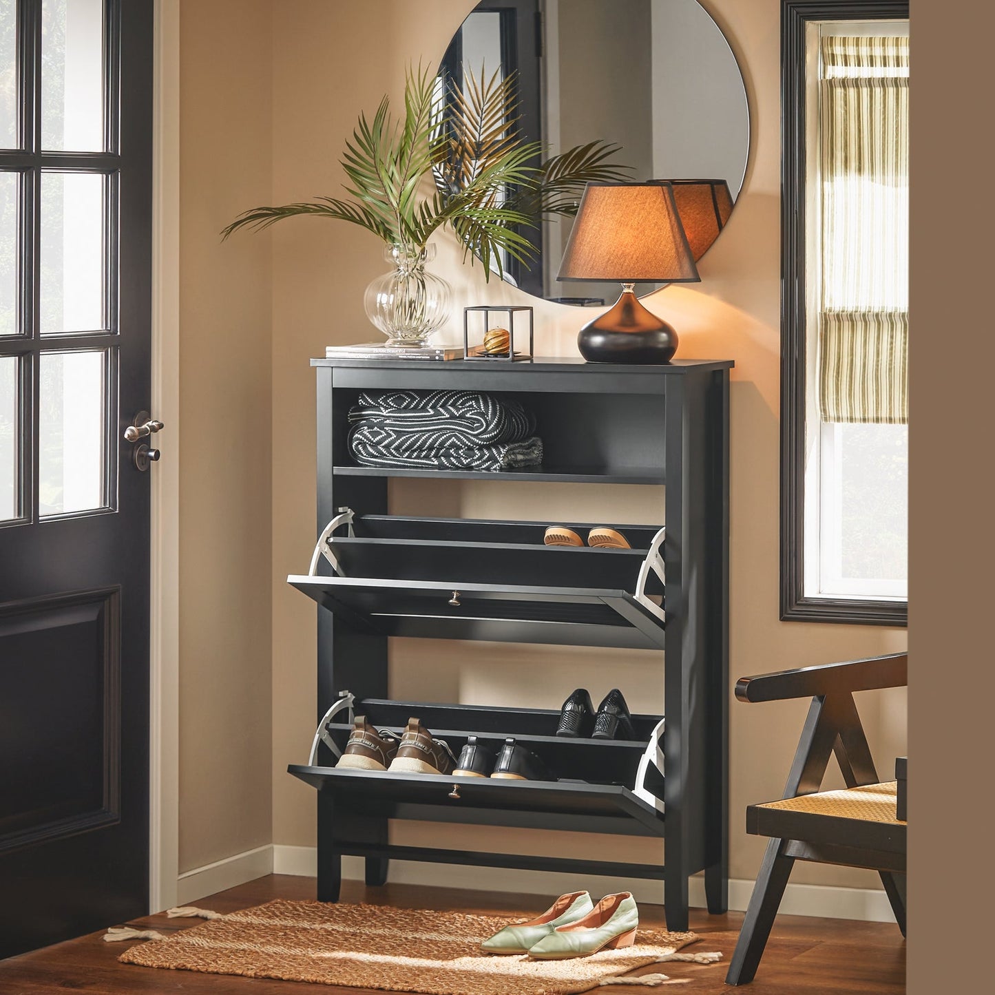 Sobuy Meuble à chaussures avec 2 abattants et rangement - Noir - 80x25x108 cm