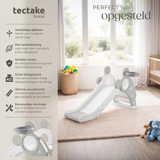tectake® Toboggan pour enfants - Toboggan Toddler - A partir de 2 ans - Avec anneau de basket - Pliable - 128 x 66,5 x 67,5 cm - Pour l'intérieur et l'extérieur - Gris