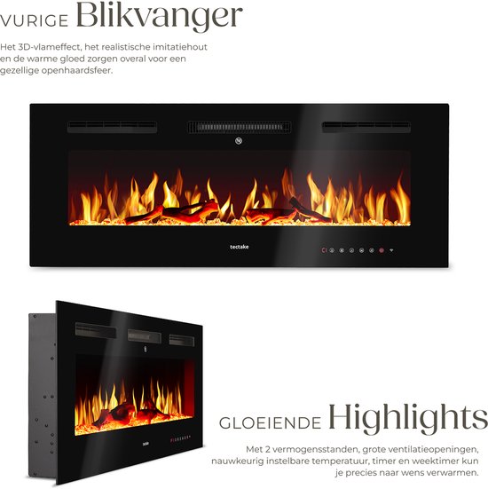 tectake® Wall Fireplace - Cheminée électrique - Atmosphere Fireplace - 106.5 x 12 x 43 cm - 900W & 1800W - Contrôlé par télécommande ou application - avec thermostat - Poêle - avec chauffage - Cheminées - Effets de bois et de lueur - Flammes 3D - Minuteur