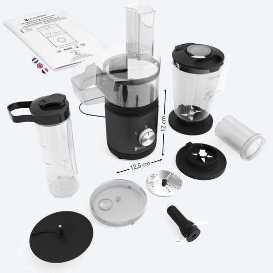 KitchenBrothers Robot de cuisine - Hachoir - Coupe-légumes - Modèle multifonction 5-en-1 - Robot de cuisine compact 0.5L - Coupe-oignon - Noir