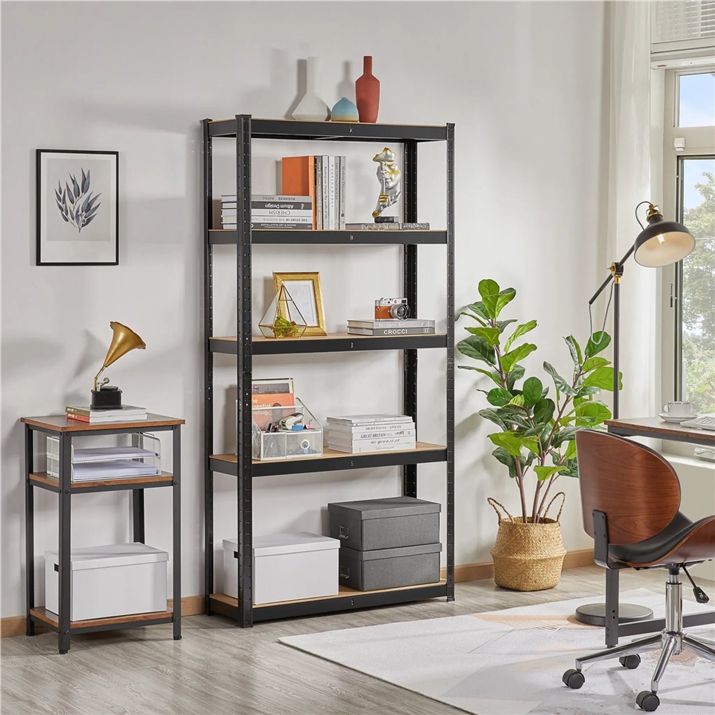Yaheetech Armoire à rayonnages avec 5 étagères - 90 x 30 x 180 cm - équipée de niveaux réglables en MDF, d'un système de fixation sans vis et de renforts d'angle - pour garage, entrepôt et cave - métal noir et MDF E1