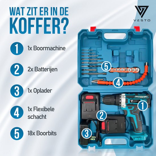 Vesto® PowerDrive Cordless Drill - Tournevis sans fil - Perceuse - Tournevis - Perceuse sans fil - 2 piles incluses
