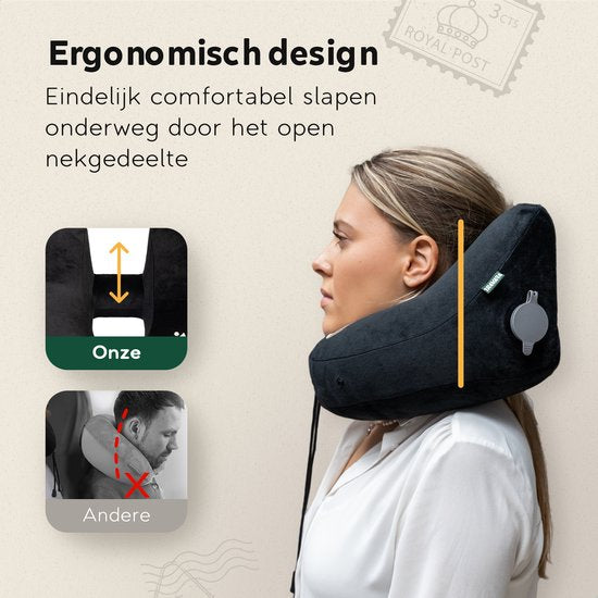 TRAVARA Oreiller gonflable pour la nuque - The Airsnoozer - Oreiller de voyage - Pour l'avion et la voiture - Avec bouchons d'oreilles - Oreiller pour la nuque - Noir