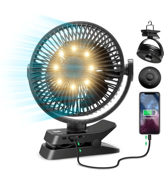 Vulpes Goods® Tech - Ventilateur de table MAX - Ventilateur - Rechargeable et sans fil - Ventilateur USB silencieux avec télécommande - 5 vitesses et éclairage - Ultra silencieux - 12000 mAh et fonction Powerbank - Noir