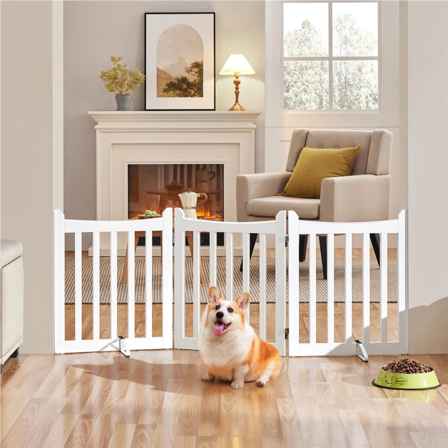 Yaheetech Dog Gate White 3-Piece - Equipée de charnières à 360°, de deux pieds en métal et de capuchons en mousse EVA - Pour les escaliers et la cuisine - MDF blanc et métal - 152 x 60.5 x 2 cm