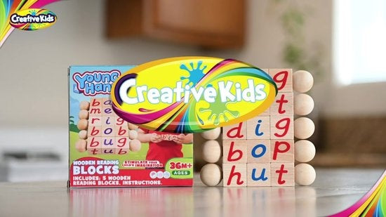 Creative Kids - Blocs de lecture en bois - Lot de 5 blocs alphabétiques rotatifs - Poignées faciles à saisir - Activités d'apprentissage pour la maternelle et le préscolaire - Travail des lettres - Jouets Montessori en bois - Cadeaux pour enfants et jeune