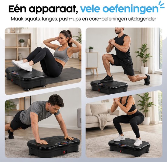 Infinity Goods Plateforme vibrante Premium - Plateforme vibrante de fitness - Bandes de résistance et poignées incluses - Powerplate - 5 programmes d'entraînement - 99 niveaux de vitesse - Musique via Bluetooth - Noir