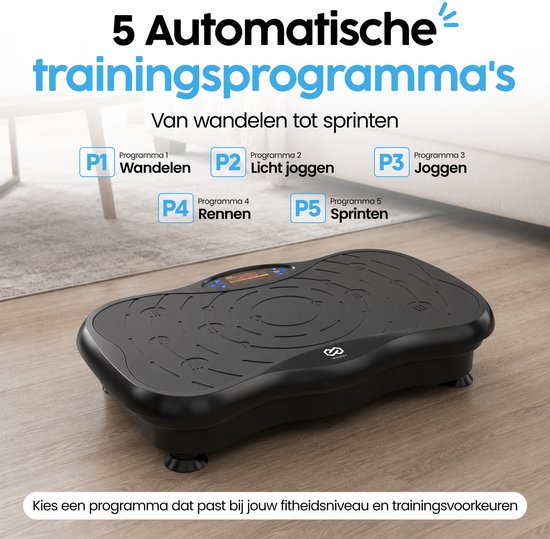 Infinity Goods Plateforme vibrante Premium - Plateforme vibrante de fitness - Bandes de résistance et poignées incluses - Powerplate - 5 programmes d'entraînement - 99 niveaux de vitesse - Musique via Bluetooth - Noir