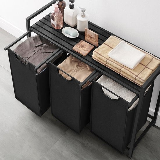 O'DADDY® Panier à linge 3 compartiments - trieur de linge - extensible avec étagère - 92.5 x 33 x 71 cm - panier à linge - 114L divisé en 3 poches - paniers à linge - panier à linge métal noir - gris foncé