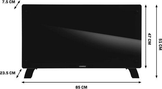 VONROC Chauffage électrique de luxe - Convecteur avec panneau en verre - 1250W/2500W- Chauffe les pièces jusqu'à 30m2 - Contrôlé par l'application (via Wifi) et manuellement - Thermostat et minuterie réglables - Noir