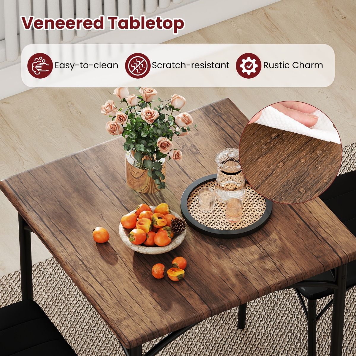 Ensemble de salle à manger Coast - table carrée avec 2 chaises - revêtement en simili cuir - noir et marron rustique