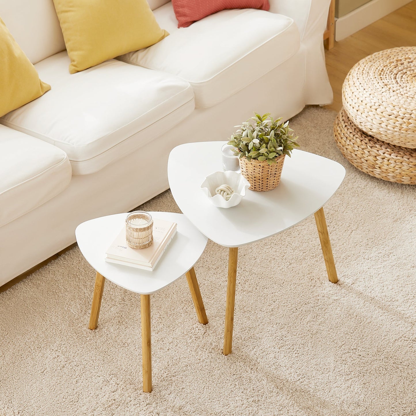 Lot de 2 petites tables avec étagères, table basse, table de salon, petite table, bambou, blanc/naturel
