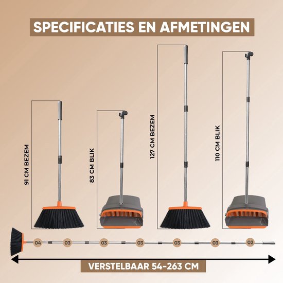 TTD® Pelle et brosse avec long manche XXL - réglable 54-263 cm - balai - manche de balai - gris et orange - pelle et brosse - poubelle pour l'intérieur et l'extérieur - dents de nettoyage intégrées