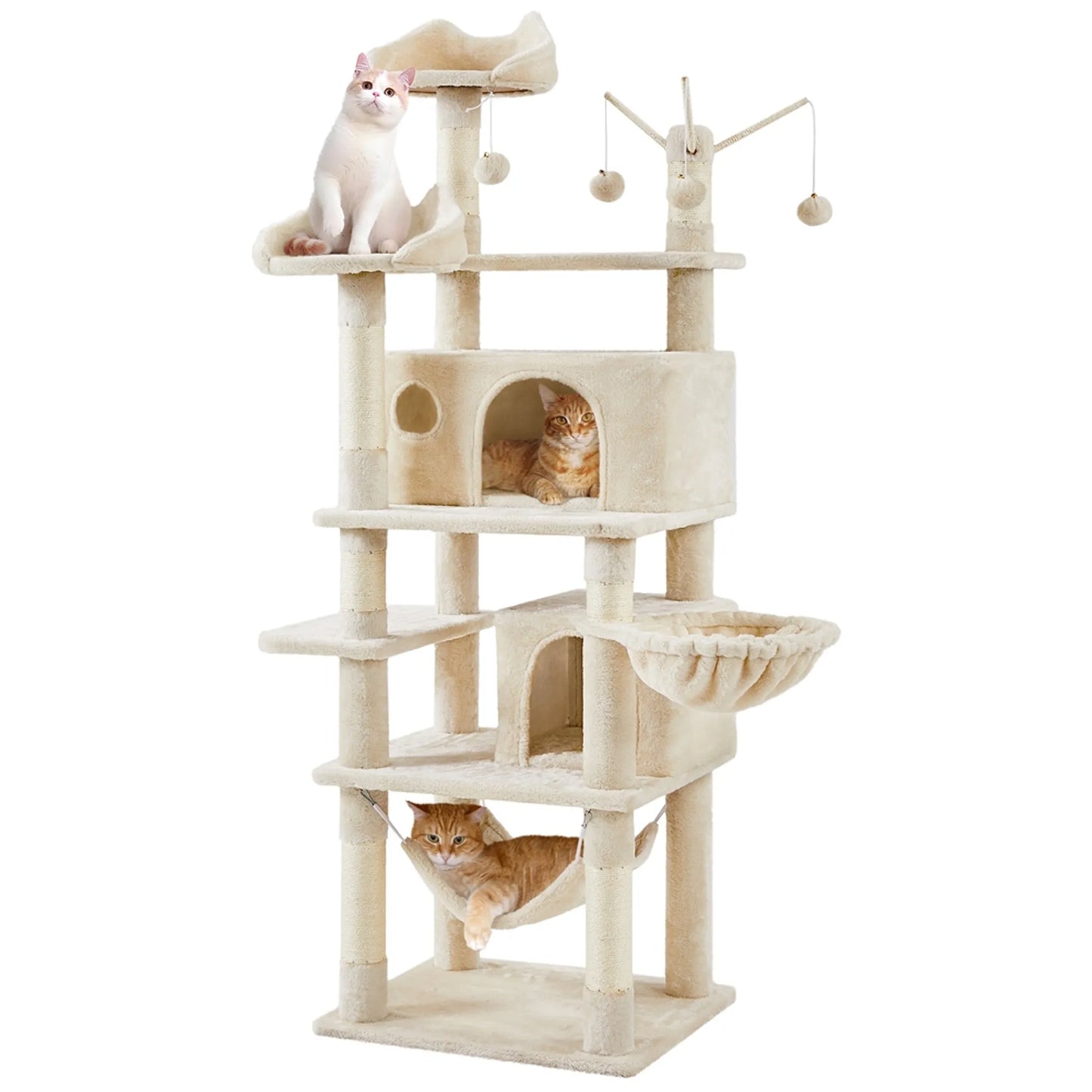 Arbre à chat Yaheetech 170 cm - Beige - XL - 5 niveaux - 2 niches pour chats - Hamac - 7 poteaux à grimper