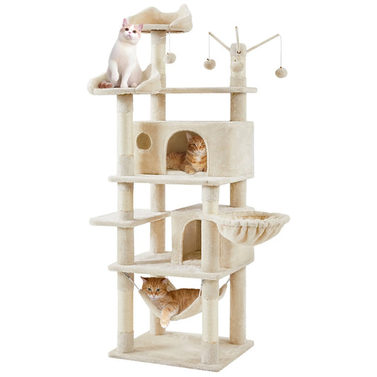 Arbre à chat Yaheetech 170 cm - Beige - XL - 5 niveaux - 2 niches pour chats - Hamac - 7 poteaux à grimper