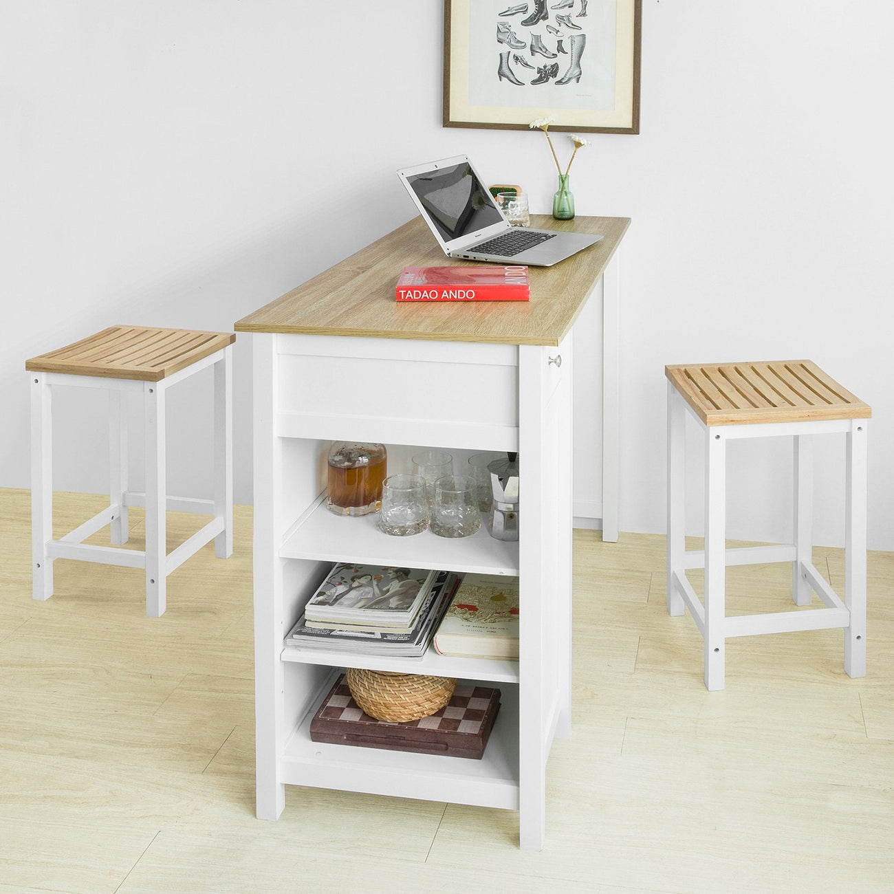 Table haute - SoBuy - Table de cuisine - Avec étagères de rangement - 120 x 55 x 90 cm - Blanc