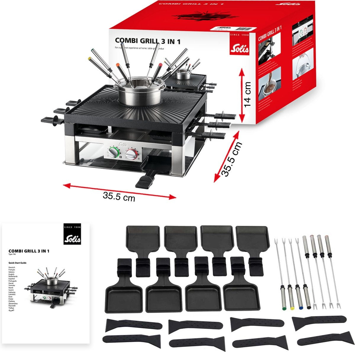 Grill multifonction Solis 796, 3 en 1 Fondue, Raclette et Pierrade, 8 personnes, Argent/Noir