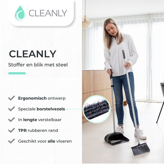 CLEANLY Pelle à poussière et brosse avec long manche 134 cm - Balai pour l'intérieur et l'extérieur - Fibres de brosse innovantes - Noir, Gris