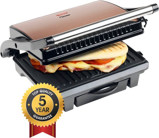 Grill de table Bestron - ASW113CO - 1 000 W - Appareil à croque-monsieur - Surface de cuisson 25 x 17 cm - Cuivre - Garantie 5 ans