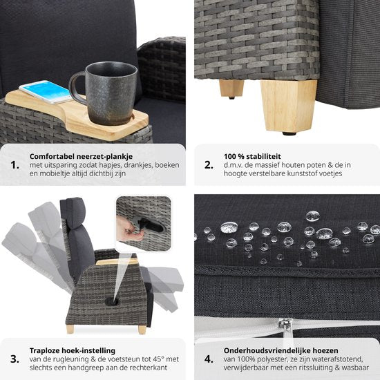 tectake® - Fauteuil d'extérieur en osier - Fauteuil à haut dossier - Repose-pieds et dossier réglable - Fauteuil relax avec fonction d'inclinaison - Meubles de salon pour le jardin - Fauteuil de terrasse - Fauteuil de lecture - Incl. espace pour tasse/ver