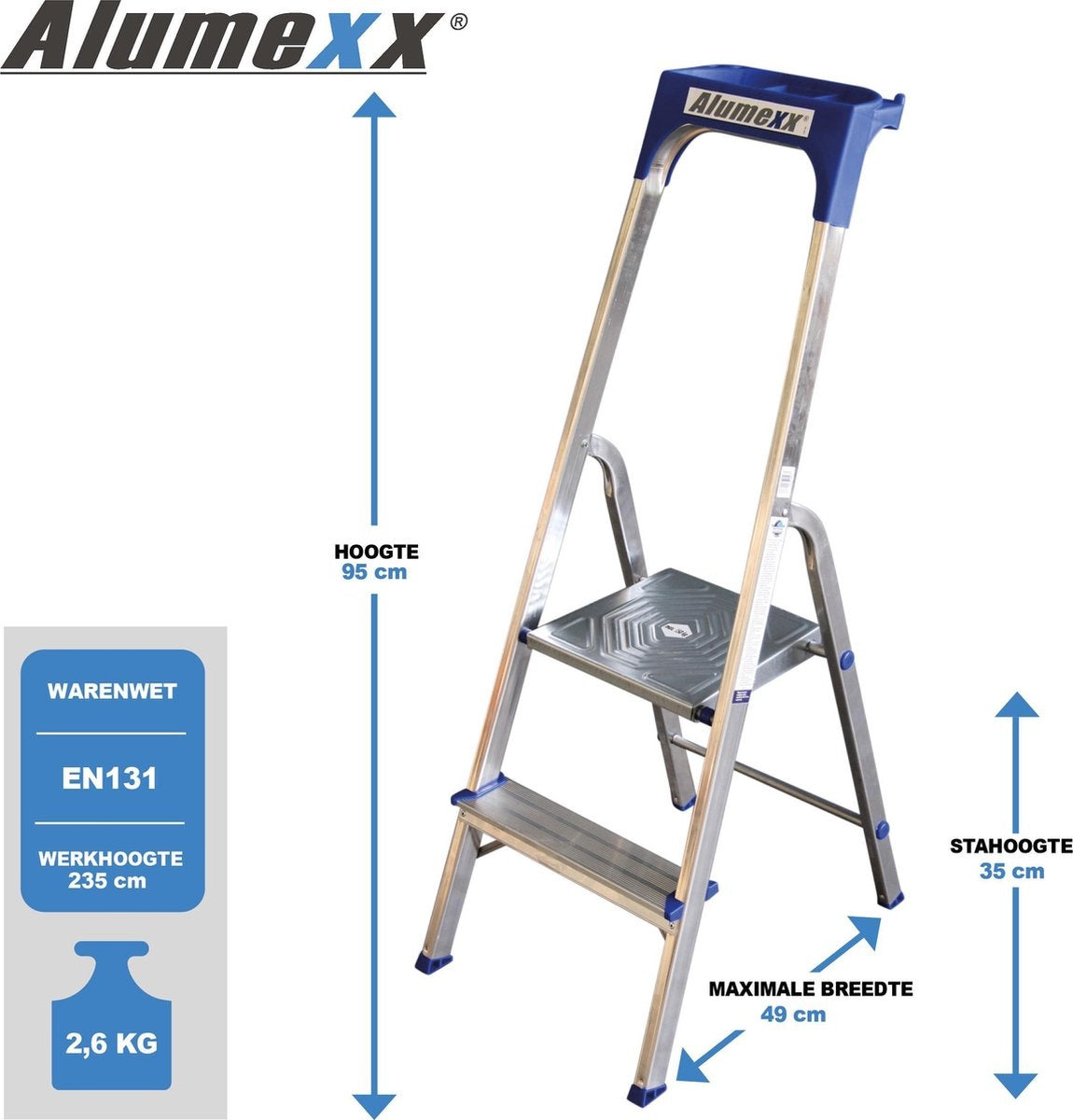 Alumexx Escabeau ménager - 2 marches - Hauteur de travail 240 cm