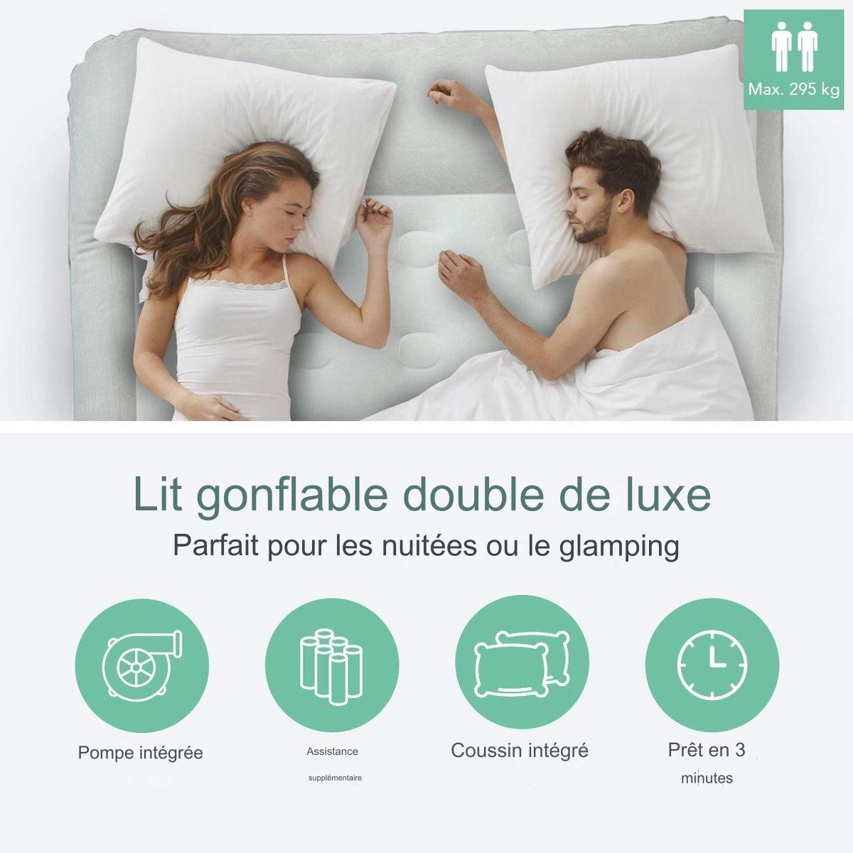 Lit gonflable LifeGoods - 2 personnes - Avec pompe intégrée - Sac de transport et kit de réparation inclus - Bleu