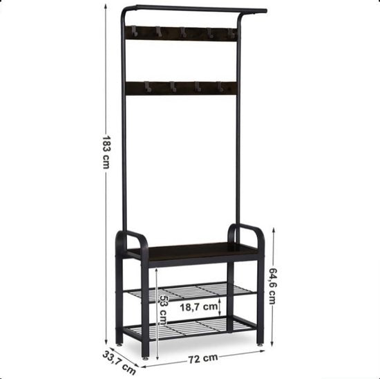 Goliving Porte-manteau - Porte-penderie - Meuble d'entrée - Porte-chaussures - Meuble à chaussures - Meuble industriel - Métal/Bois - 72 x 34 x 183 cm - Noir