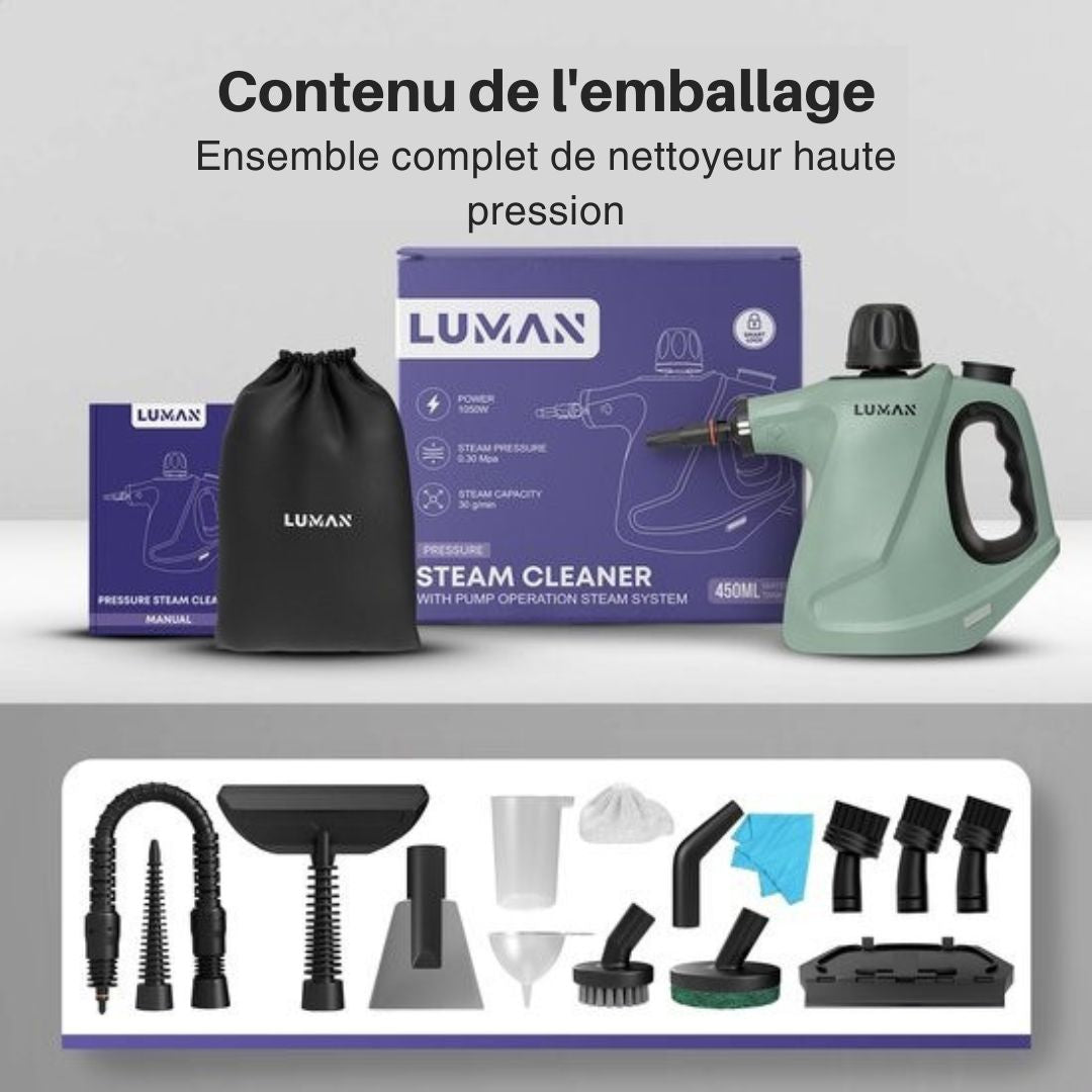 Nettoyeur vapeur portatif - Luman - 1050W - Réservoir 450 ml - Pression 0,26 à 0,32 MPa - Fonction vapeur continue - 16 accessoires - Vert