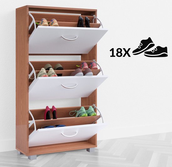 Armoire à chaussures - 3 volets - 115x60x24cm - 18 paires Hêtre/Blanc
