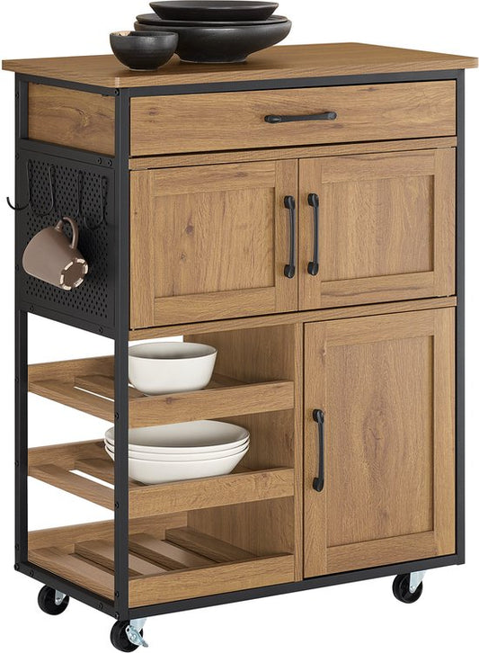 SoBuy FKW134-N Armoire de cuisine sur roulettes avec plan de travail, chariot de cuisine avec tiroir, casier à vin, îlot compact pour la cuisine, la salle à manger et l'extérieur, marron vintage 67x37x88 cm