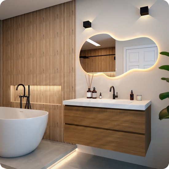 Miroir de salle de bains Mirlux avec éclairage LED et chauffage – Miroir mural asymétrique – Miroir de douche anti-buée – Sans cadre – 120 x 70 cm