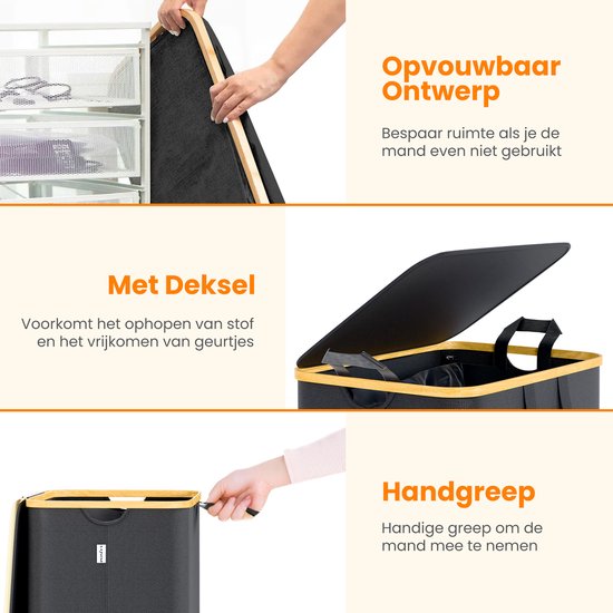 Posity Panier à linge sur roues - 100 litres - pliable - Panier à linge en tissu - Panier à linge - Avec couvercle et poignées - Bambou - Sac à linge inclus - Noir