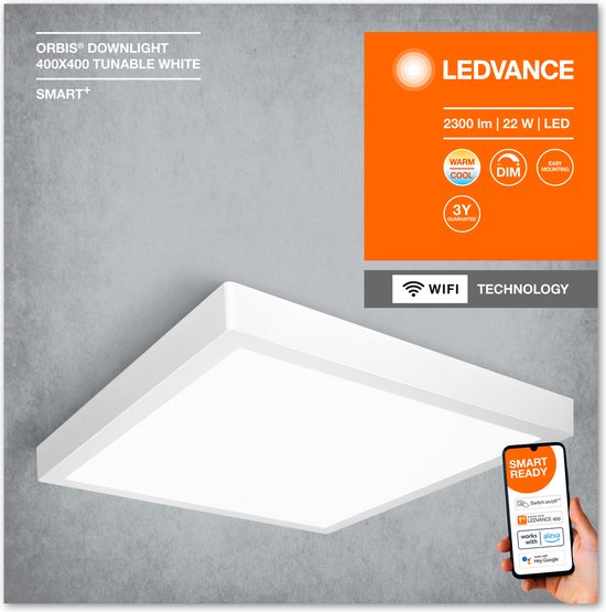 LEDVANCE Luminaire : pour plafond, SMART SURFACE DOWNLIGHT TW / 22 W, 22-...24- V, angle de rayonnement : 11-, Tunable White, 3-65- K, matériau du corps : aluminium, IP2-