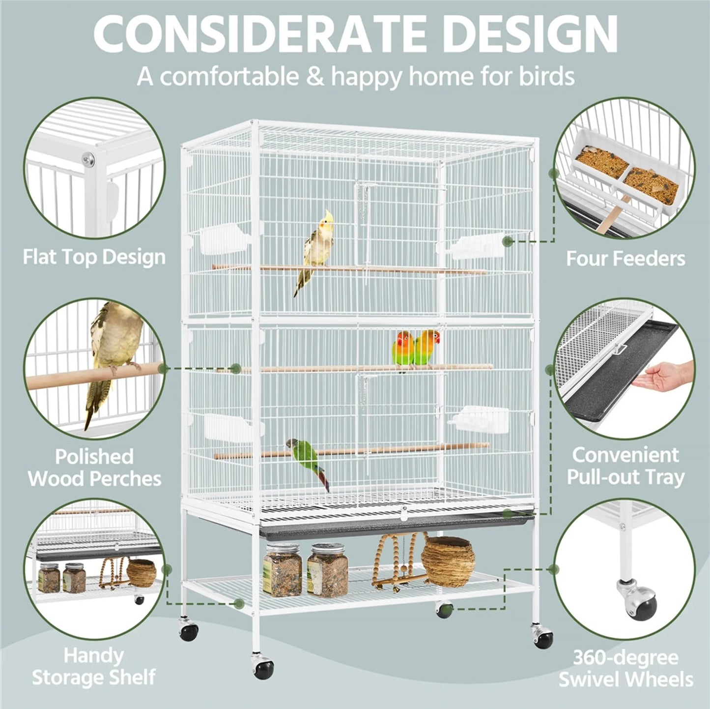 Yaheetech XXL Bird Cage With 360° Swivel Wheels - Fitted With Lower Storage Shelf And Three Perches And Secure Lock - For Parrots And Cockatoos - White Metal - 79 x 52 x 132 cm